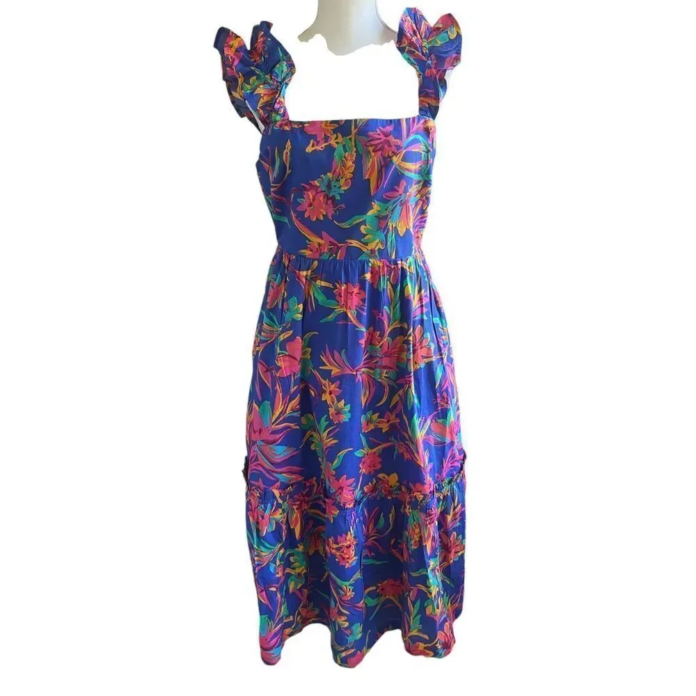 NWT JCrew Floral Tropical Square Neck Midi Dress Blue Size 8 - Picture 3 of 16